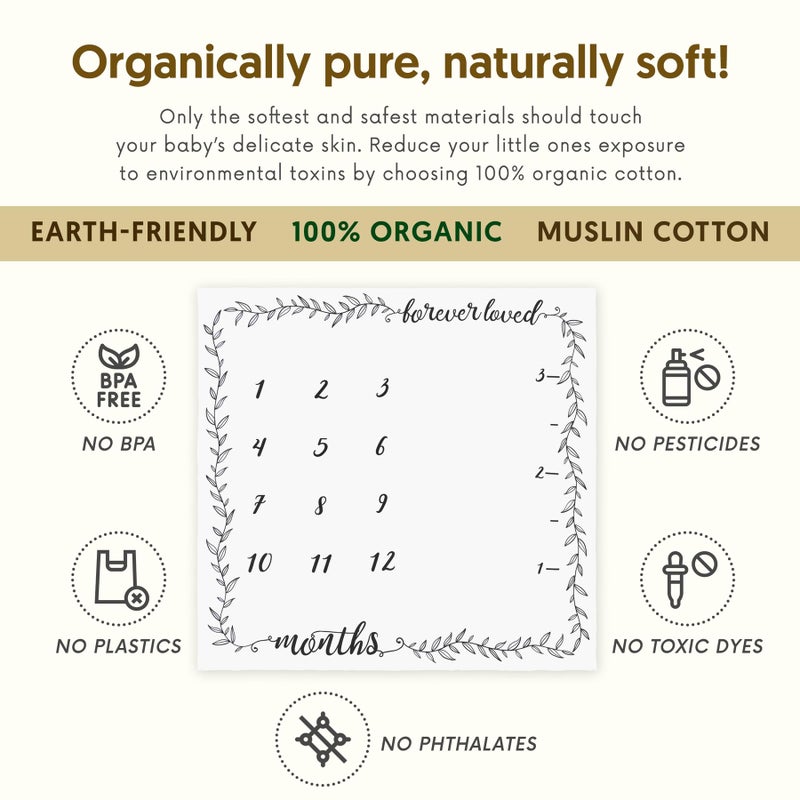 Pondering Pine Organic Baby Monthly Milestone Blanket Boy or Girl - Months Blanket with Wood Frame and Newborn Announcement Disc - Growth Chart for 1-12 Month Milestones, Gender Neutral, 47”x47” - Image 3